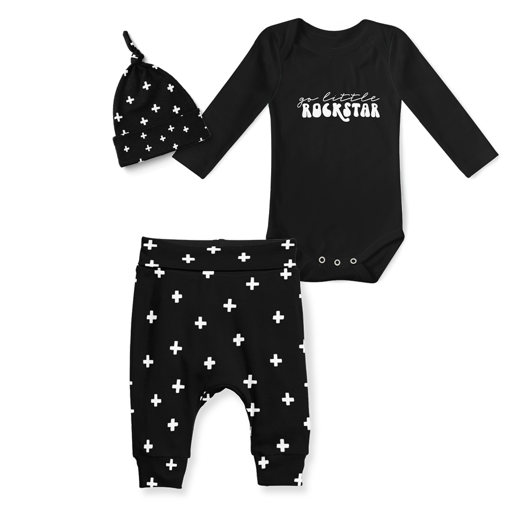 3-Piece Jogger/Onesie/Beanie Set - Cross White/ Go Little Rockstar