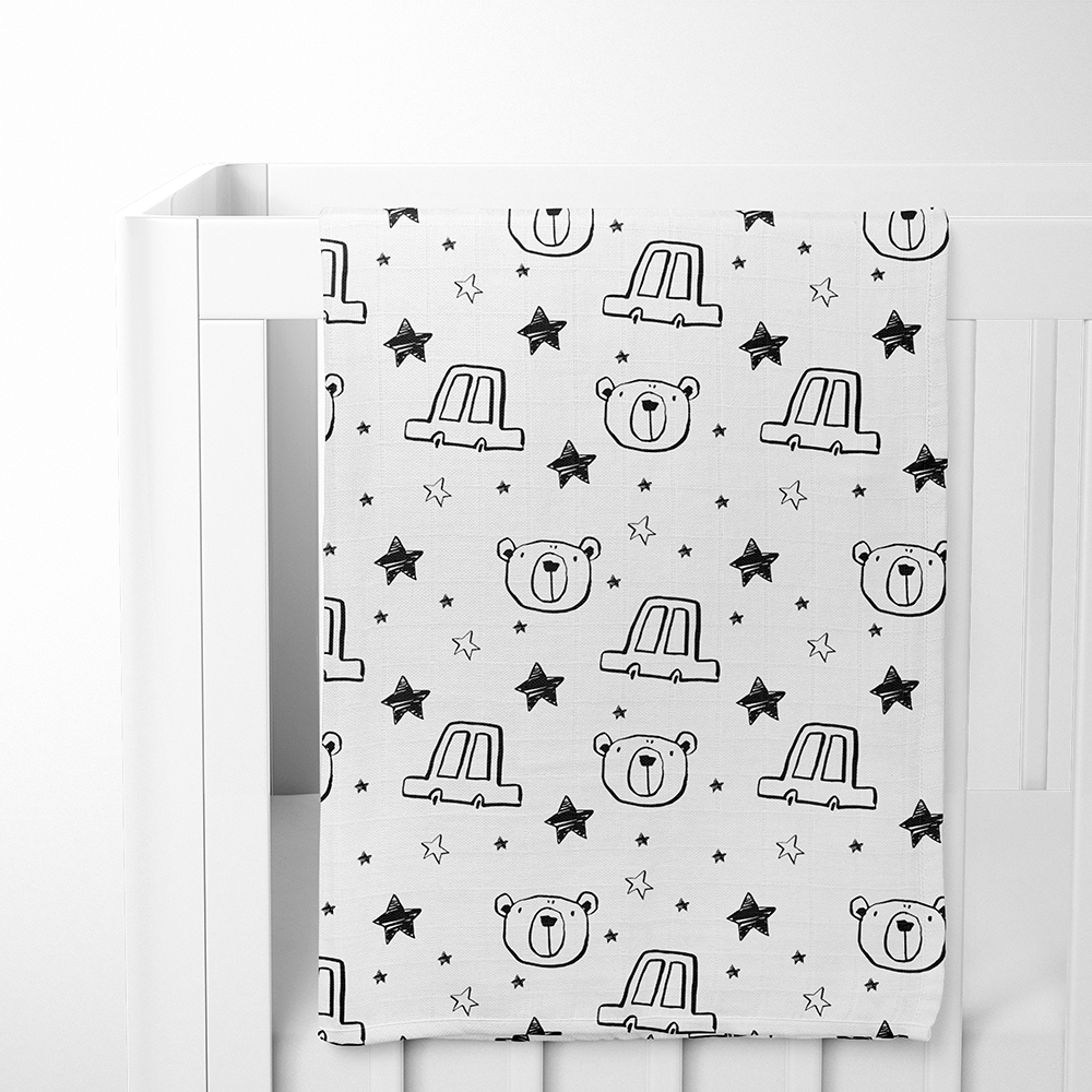 SALE - Swaddle Blanket - Starry Bear Black and White