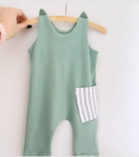 Load image into Gallery viewer, Summer Romper - Sage/ lines pocket
