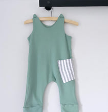 Load image into Gallery viewer, Summer Romper - Sage/ lines pocket
