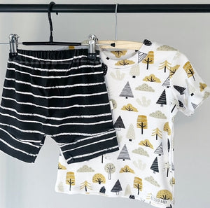 2-Piece T-Shirt/Shorts Set - Mystic Woods and Stripe Black