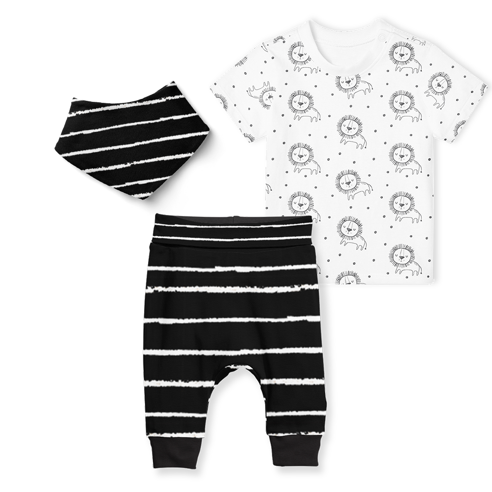 3-Piece Jogger/T.Shirt /Beanie Set - Sleepy Lions and Stripe Black