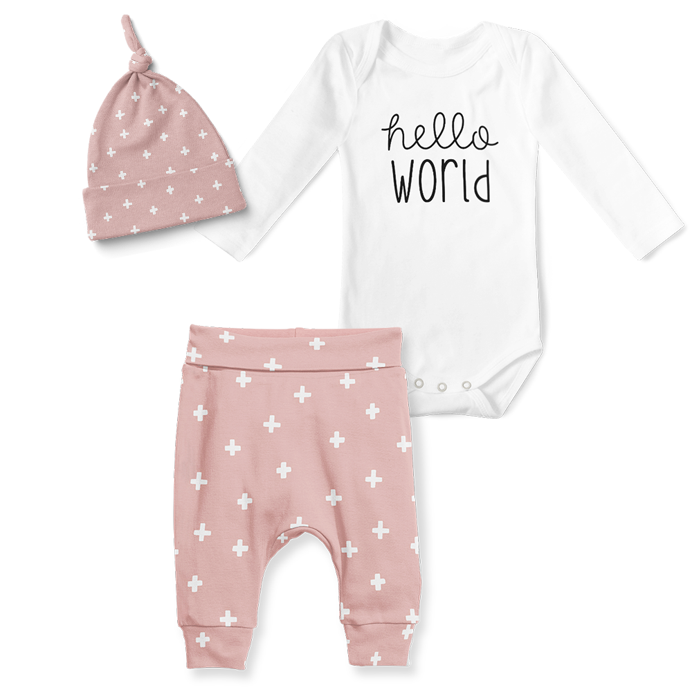 3-Piece Jogger/Onesie/Beanie Set - Hello World/ Cross Pink