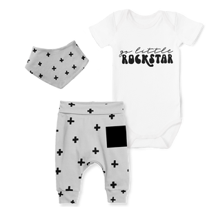 3-Piece Jogger/Onesie/Bandana Set - Go Little Rockstar/ Cross Grey Rock N Roll