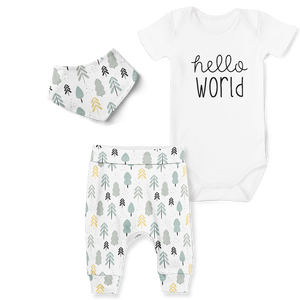 3-Piece Jogger/Onesie/Bandana Set - Hello World/Forest