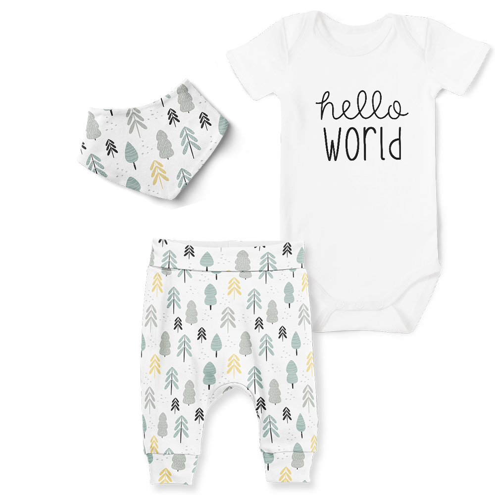 3-Piece Jogger/Onesie/Bandana Set - Hello World/Forest