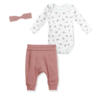 3-Piece Jogger/Onesie/Headband Set - Painted Flowers Grey/ Dusky Pink