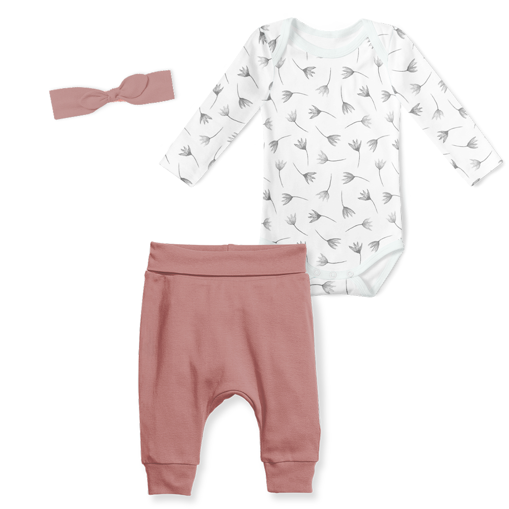 3-Piece Jogger/Onesie/Headband Set - Painted Flowers Grey/ Dusky Pink