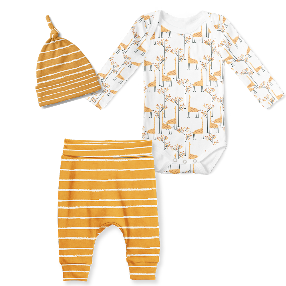 3-Piece Jogger/Onesie/Beanie Set - Giraffes/Stripe Mustard