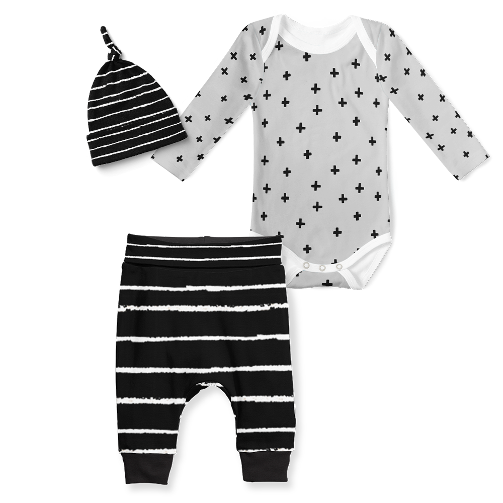 3-Piece Jogger/Onesie/Beanie Set - Stripe Black/ Cross Rock n Roll