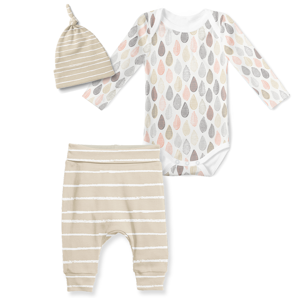 3 - Piece Jogger/Onesie/Beanie Set - Scattered Droplets/ Stripe Stone